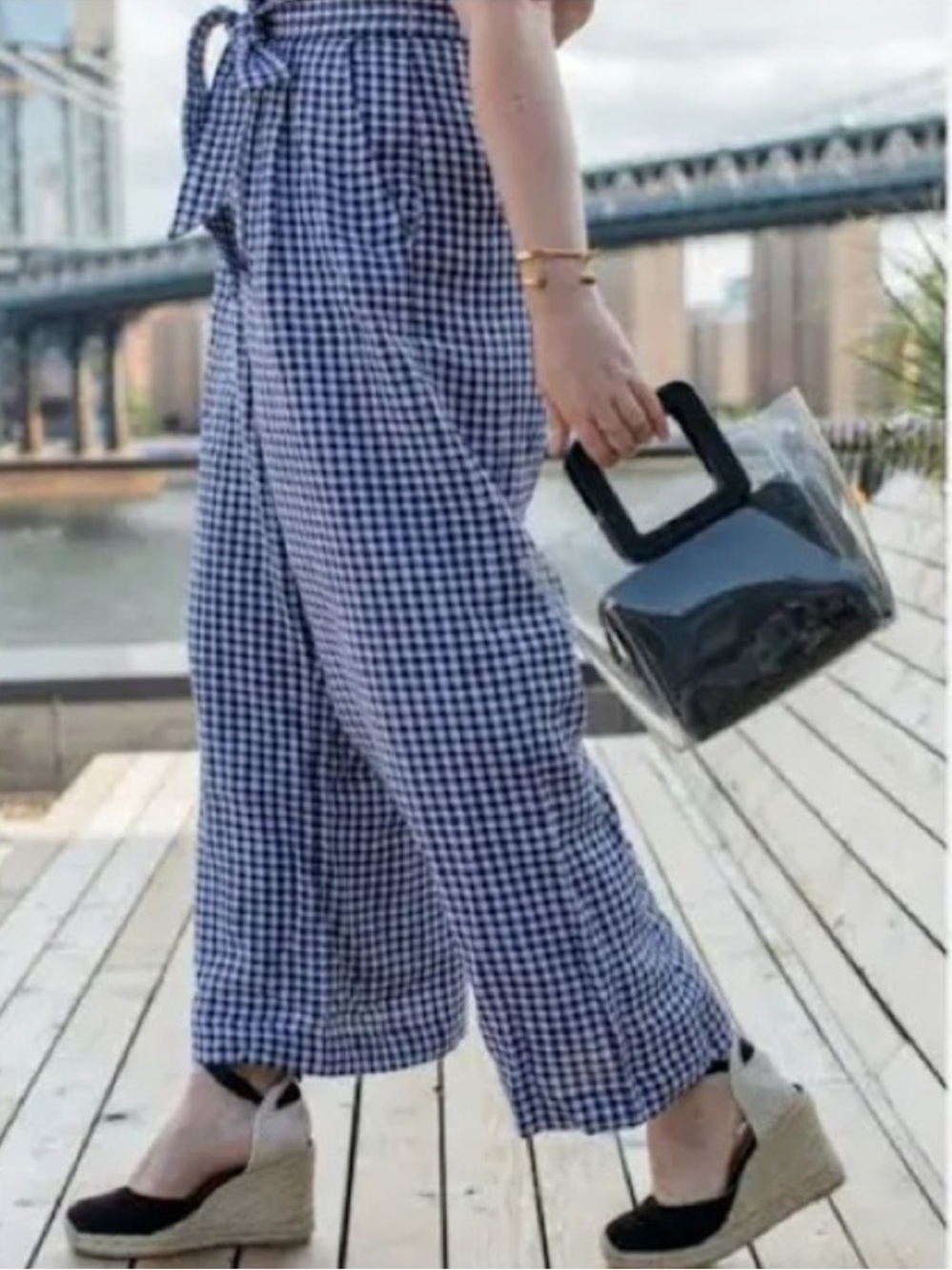 Joie Seersucker Gingham Paper-bag Wide-Leg Tie-Waist High-Rise Cropped Pants XS